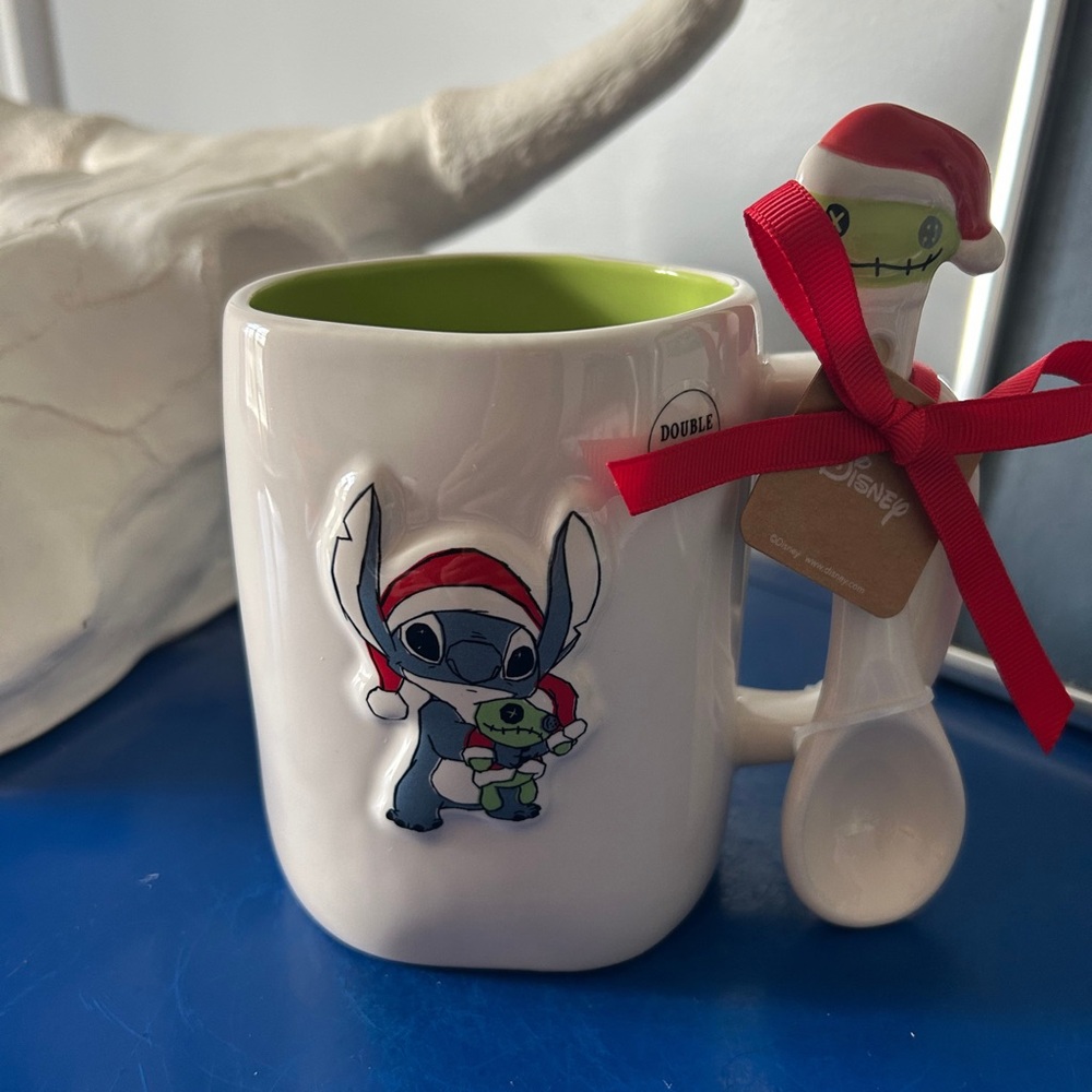 Rae Dunn Disney Lilo & Stitch Festive Hugs Christmas Double Sided Mug with Spoon - Picture 3 of 7